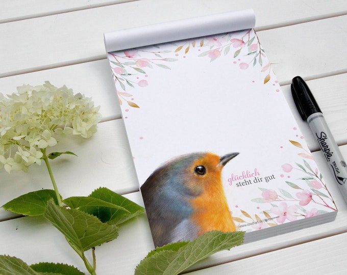 Robin Notepad 100 Sheets A6 | Happiness suits you well | Robin illustration | Songbird | Notepad |