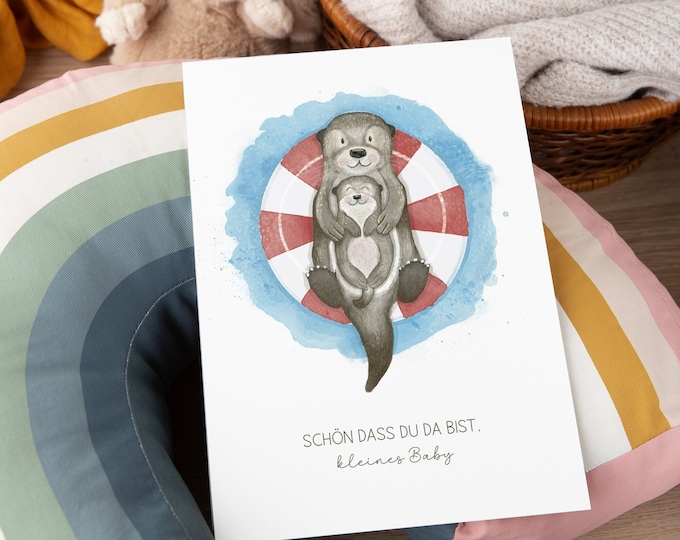Welcome baby | Otter and baby otter | For birth | Folding card | A6 | 260g