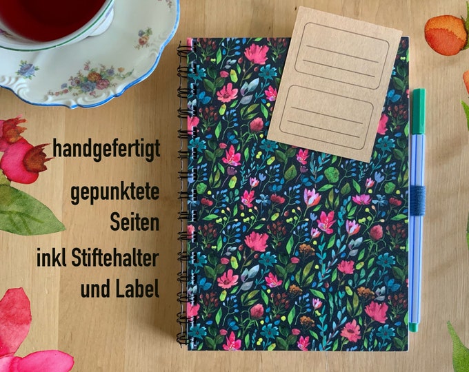 Notebook A5 | handmade | | dotted pages Watercolor Flowers | incl. pen holder | Bullet Journal | 120 pages