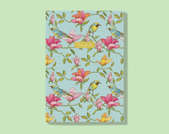 Bird wallpaper notebook A5 | 120 pages natural paper | Dotted pages | Bullet Journal | Optionally including stickers