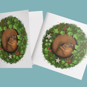 Set 3 x Eichhörnchen schlafend Grußkarte | quadratisch | Weihnachten | Klappkarte | 12,5cm x 12,5 cm | inkl. Umschlag | Leinenstruktur