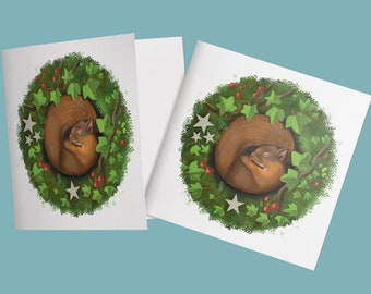 Set 2 x Eichhörnchen schlafend Grußkarte | quadratisch | Weihnachten | Klappkarte | 12,5cm x 12,5 cm | inkl. Umschlag | Leinenstruktur