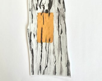 May include: A black and white drawing of a tree trunk with a yellow patch of colour in the centre.