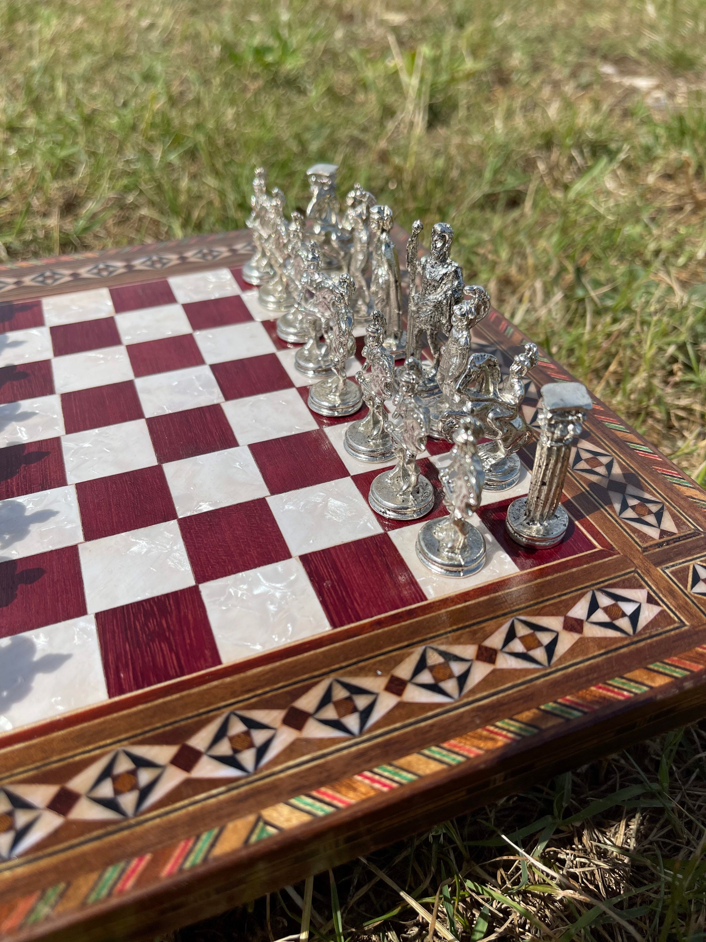 6 7 Inches Mini Metal Chess Set with Board Handmade Small