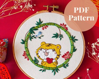 Patrón de bordado de tigre lunar, patrón PDF descargable digital, bordado para principiantes, plantilla de artesanía diy, patrón de punto de cruz