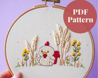 Patrón de bordado de gallo lunar, patrón PDF descargable digital, bordado para principiantes, plantilla de artesanía DIY, punto de cruz