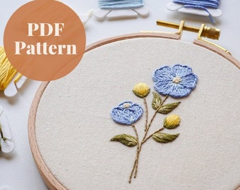 Patrón de bordado de amapolas azules, patrón PDF de descarga digital instantánea, guía de puntadas, amigable para principiantes, plantilla de bordado linda, artesanía de bricolaje