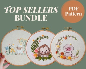 3 x PAQUETE de patrones de bordado PDF, Oveja lunar + Cerdo lunar + Mono lunar, Patrones de descarga digital instantánea, Guía de puntadas para principiantes