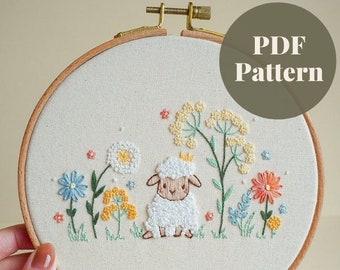 Lunar Sheep Embroidery Pattern, Instant Digital Download PDF Pattern, Beginner-Friendly Embroidery Pattern & Stitch Guide