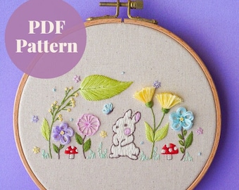 Patrón de bordado de conejo lunar, patrón PDF de descarga digital instantánea, guía de puntadas, amigable para principiantes, plantilla de bordado linda, artesanía de bricolaje