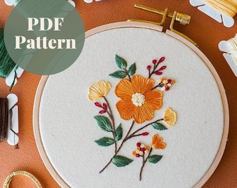 Patrón de bordado floral de anémona de otoño, patrón de descarga digital de ramo floral en PDF, patrón de bordado y guía de puntadas para principiantes