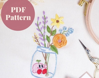 Patrón de bordado Kirby Flower Jar, patrón PDF de descarga digital instantánea, bordado para principiantes, plantilla de artesanía DIY y guía de puntadas