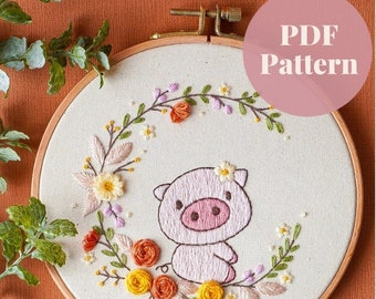 Patrón de bordado de cerdo lunar, patrón PDF de descarga digital instantánea, guía de puntadas, amigable para principiantes, plantilla de bordado linda, artesanía de bricolaje