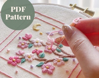 Patrón de bordado de flor de cerezo, patrón PDF de descarga digital instantánea, bordado para principiantes, plantilla de artesanía DIY y guía de puntadas
