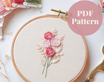 Patrón de bordado floral de margaritas rosas, patrón PDF de descarga digital instantánea, patrón de bordado y guía de puntadas para principiantes
