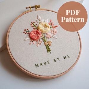 バラの花束の刺繍パターン、インスタントデジタルダウンロードPDFパターン、初心者に優しい刺繍パターンとステッチガイド