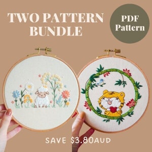 PDF Embroidery Pattern BUNDLE - Lunar Sheep and Lunar Tiger, 2 x Instant Digital Download Patterns, Beginner-Friendly Stitch Guide