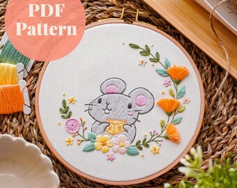 Patrón de bordado de rata lunar, patrón PDF de descarga digital instantánea, guía de puntadas, amigable para principiantes, plantilla de bordado linda, artesanía de bricolaje
