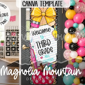 May include: A vertical door banner template featuring a yellow bow, a pencil, a lightbulb, and a red apple with white polka dots. The center displays lined paper with the text Welcome to THIRD GRADE and MRS. SORENSEN in blue and black.