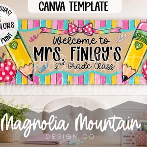May include: A rectangular classroom banner template featuring a tan background with pink and yellow vertical stripes. The text reads Welcome to Mrs. Finley's 2nd Grade Class. It includes illustrations of two yellow pencils and two red polka-dot apples.