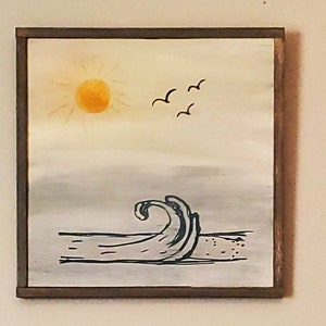 Beach Wave Stained Wood Art | Sun Wood Framed Art | Ocean Hand Stained Water Wall Art | Minimalist Art | Home Decor |