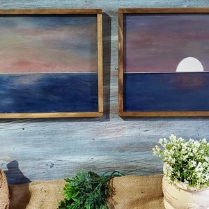 2 Piece Wall Art | Boho Ocean Wall Hanging | Wood 2 Piece Framed Wall Art | Minimalist Wall Decor | Wood Landscape Art | Ocean Sunrise Art