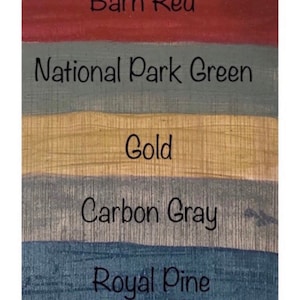 May include: A vertical image showing seven different paint colors, each with its name written below it. The colors are: Orange, Barn Red, National Park Green, Gold, Carbon Gray, Royal Pine, and Coastal.