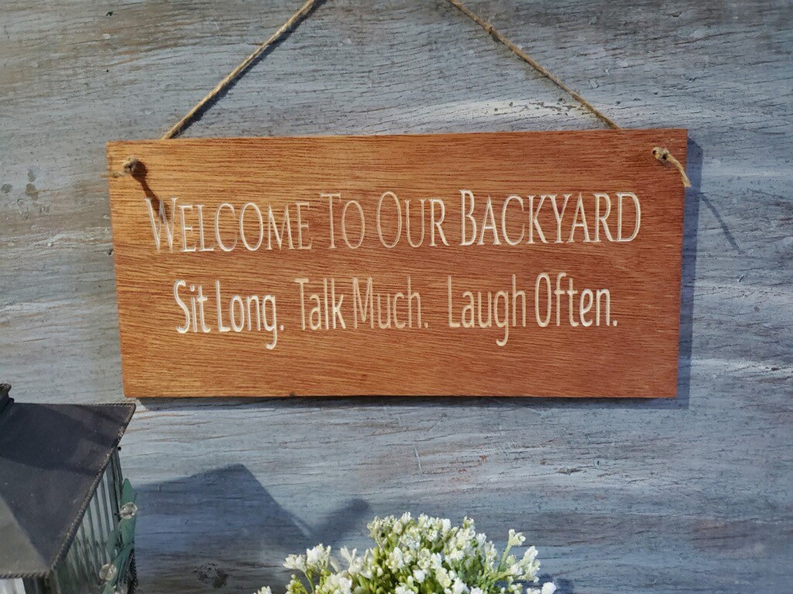 to Our Backyard Wood Carved Hanging Sign Sit Long Etsy