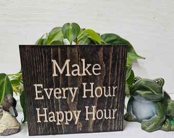 Happy Hour Bar Sign | Rustic Wood Bar Cart Decor