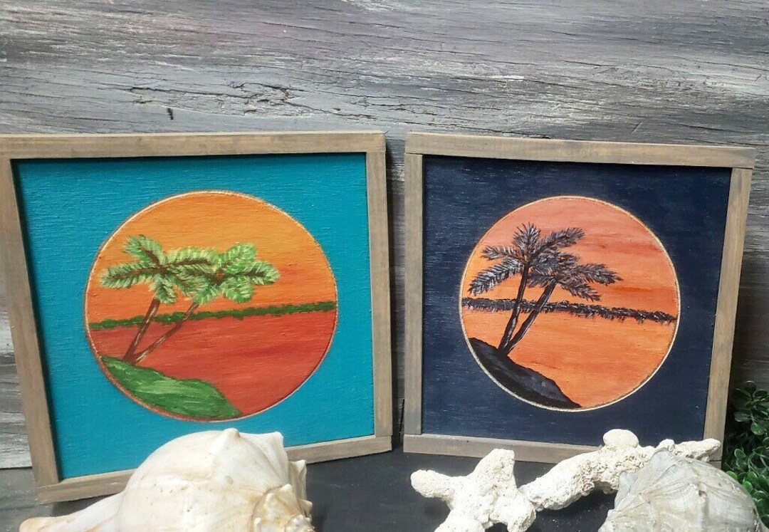 Tropical Wall Art Set 2 Piece Beach Wall Art Set Hand-painted Framed Wall Art Palm Tree Art ...