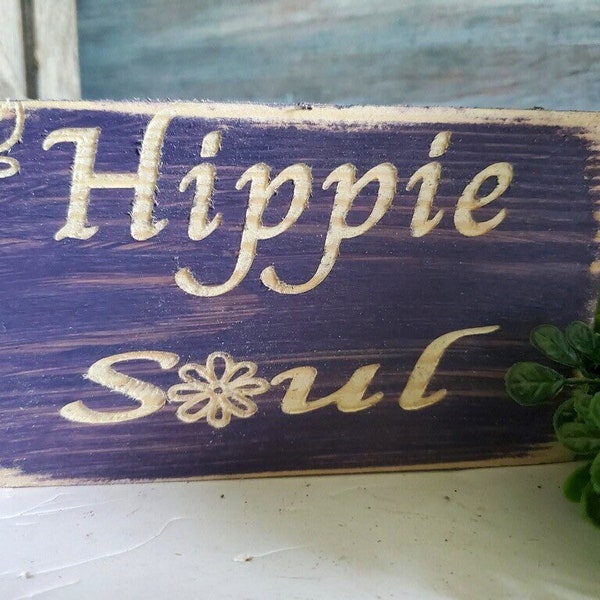 Hippie Soul Wood Shelf Sitter Sign | Hippie Wood Sign | Boho Wood Sign | 60's and 70's Decor | Hippie Decor | Peach and Love Sign | Wood Art