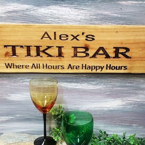 Tiki Bar Sign | Custom Happy Hour Sign Outdoor | Custom Wood Tiki Bar Name Sign | Tiki Bar Decor | Custom Pool Sign | Custom Bar Name Sign