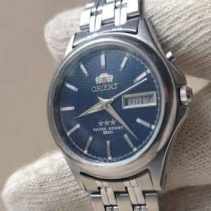 Vintage Orient Crystal Watch blue web Dial, Day Date Orient , Automatic Japanese Wristwatch, Retro 1980s Men's Watch