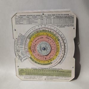 Pode incluir: Régua de cálculo circular vintage em fundo branco. A régua de cálculo apresenta uma série de círculos concêntricos com várias escalas e marcações em preto, amarelo, rosa e verde. Texto em russo visível.