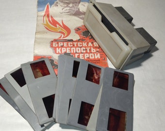 Diascopio soviético y 20 diapositivas de película de la Fortaleza de Brest, diascopio soviético, diapositivas de la URSS, estereoscopio de la URSS, tiras de película de la URSS, cámara retro