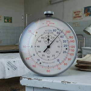 May include: A large, vintage stopwatch with a white face and black and red markings sits on a light blue table. The stopwatch has a metal casing and a prominent dial. The background shows a hospital room.