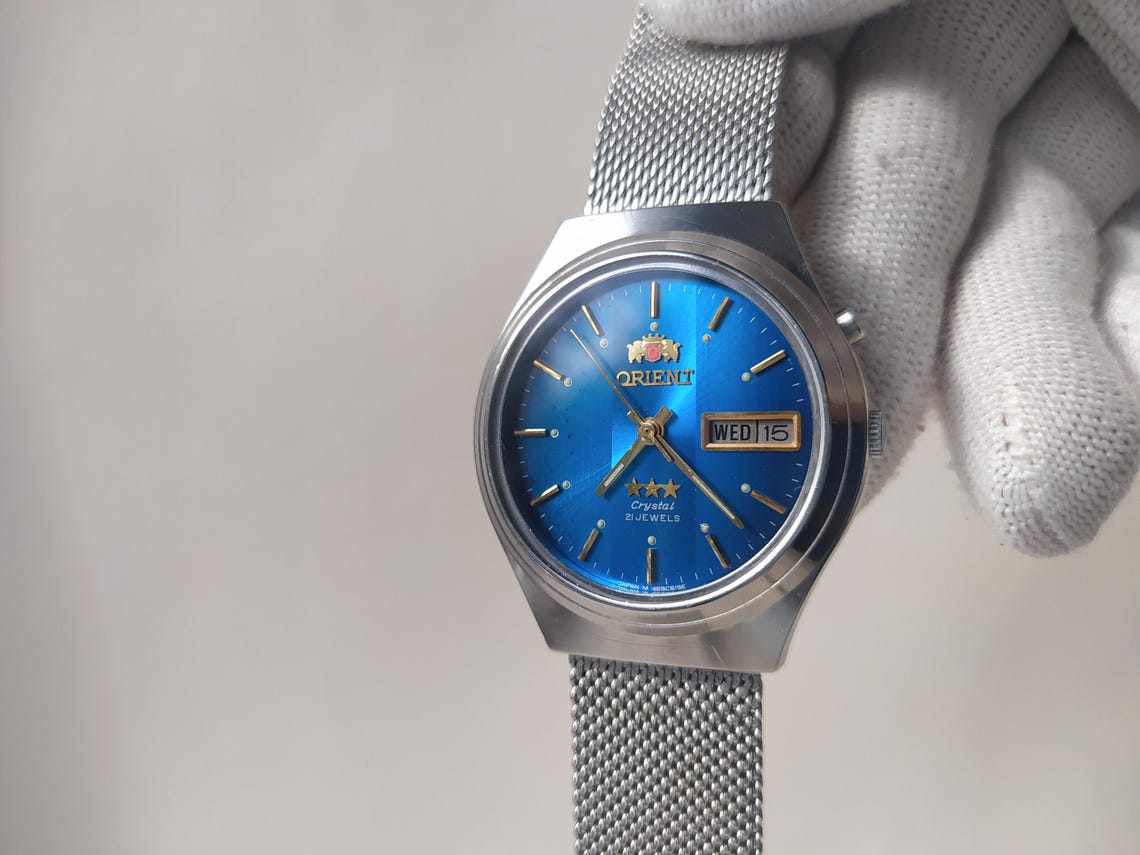 Vintage watch Orient rare blue dial, orient watch 3 stars blue dial, Mechanical Japanese Watches, automatic watch, foto 2 de 5