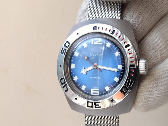 Soviet Vostok Watch,Blue Dial Diver Style, mechanical watch Vostok , russian watch Vostok , Vostok amphibian, Vostok diver