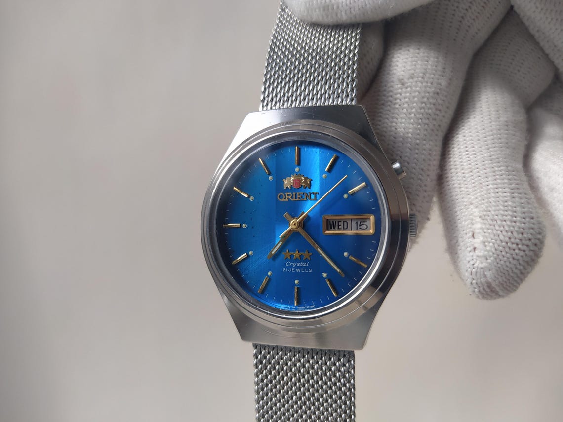 Vintage watch Orient rare blue dial, orient watch 3 stars blue dial, Mechanical Japanese Watches, automatic watch, foto 3 de 5