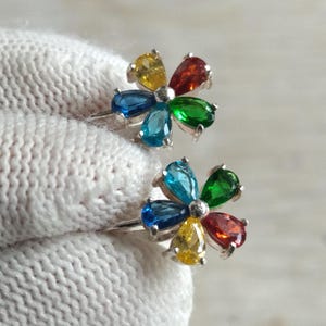 Ukrainian silver earrings,earrings multi-colored stones,vintage Ukrainian earring,Soviet silver earring, Children's flower earrings