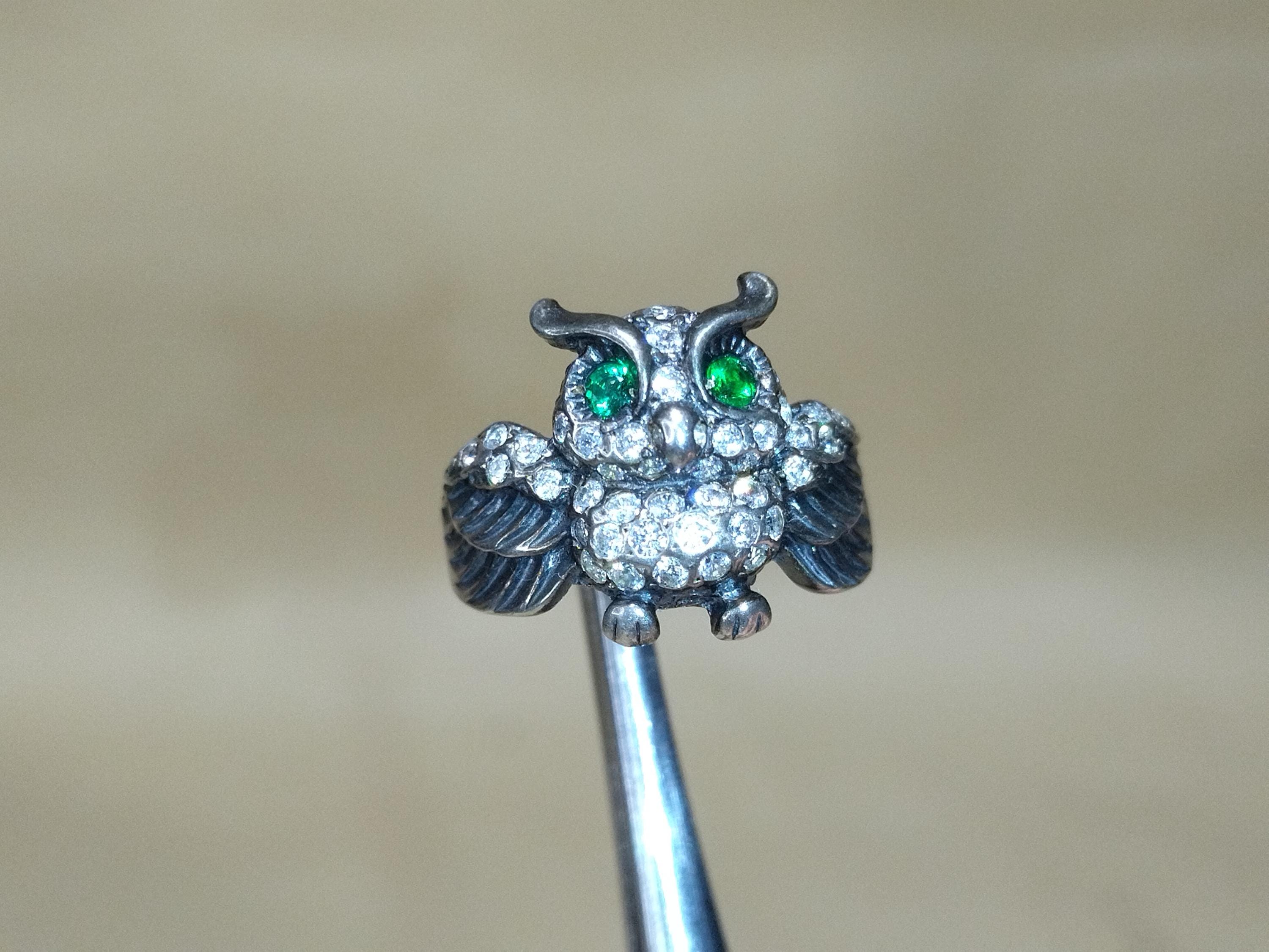 Silver Owl Ring size 7 1/4, Green Eyes Animal Ring,Sterling Silver Animal Jewelry Gift for Her, witc