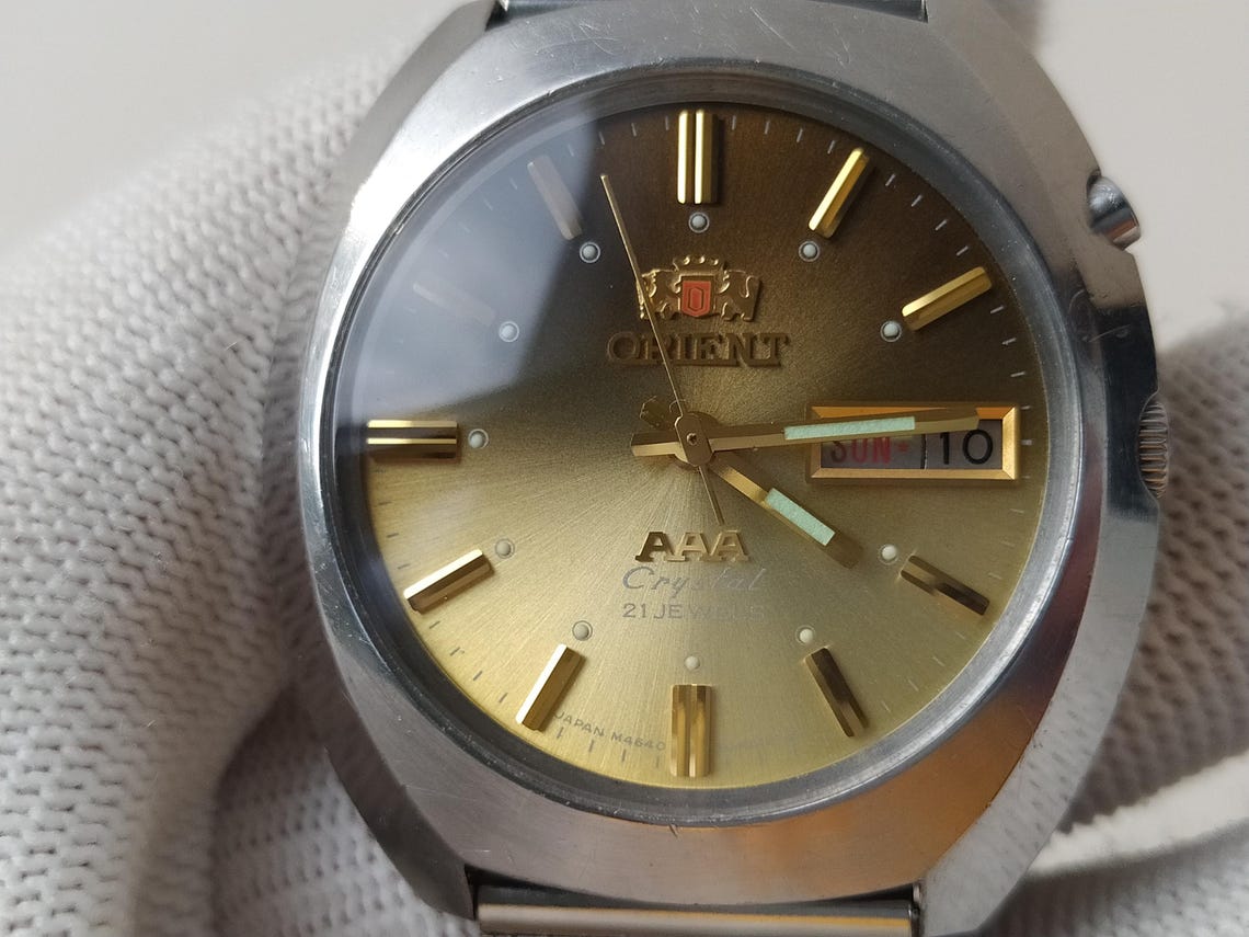 Vintage watch Orient rare golden dial, orient watch 3 stars blue dial, Mechanical Japanese Watches, automatic watch, foto 4 de 5