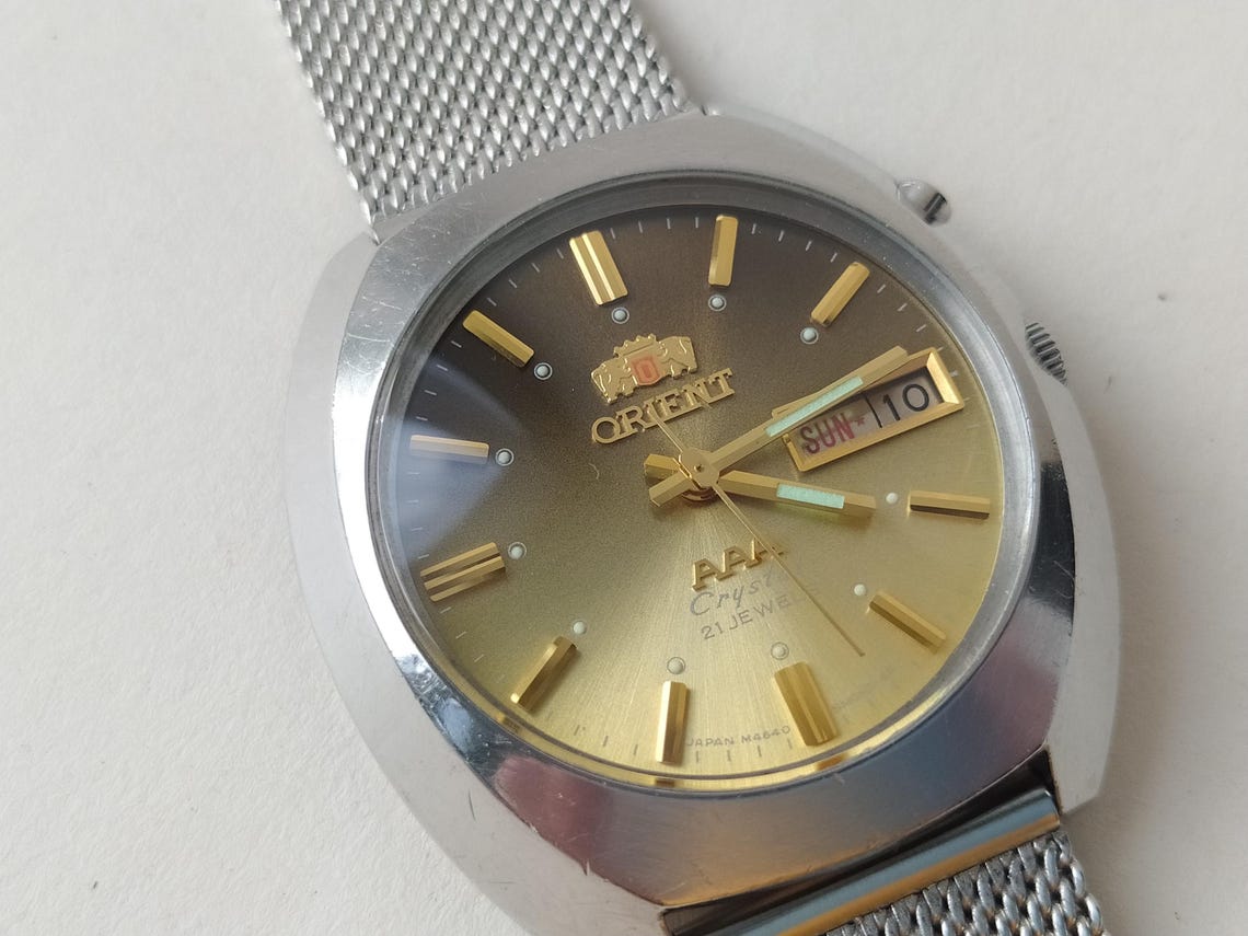 Vintage watch Orient rare golden dial, orient watch 3 stars blue dial, Mechanical Japanese Watches, automatic watch, foto 3 de 5