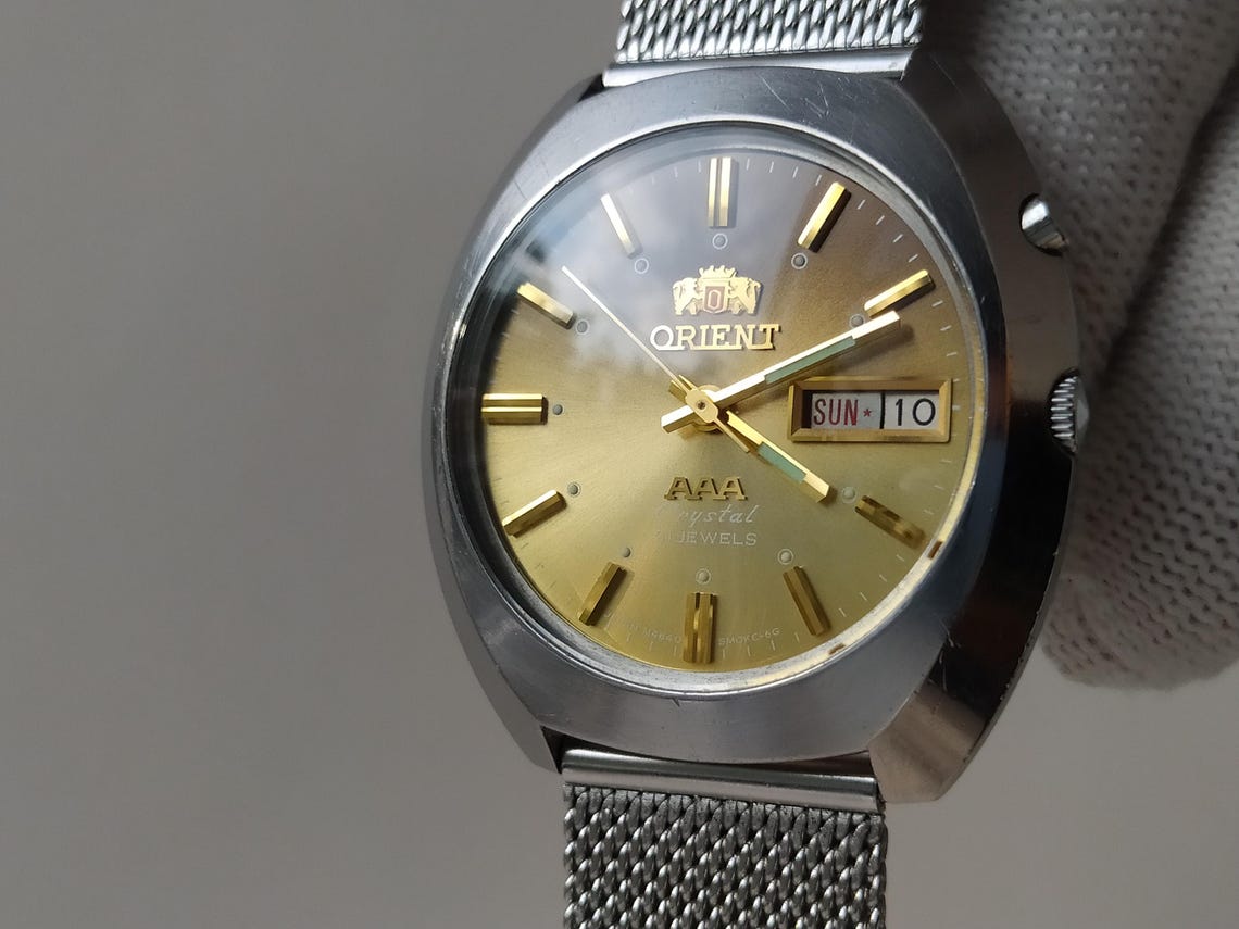 Vintage watch Orient rare golden dial, orient watch 3 stars blue dial, Mechanical Japanese Watches, automatic watch, foto 2 de 5
