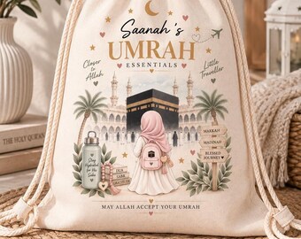 Personalised Children’s Umrah Drawstring Bag | Girls Umrah Essentials Bag | Muslim Travel Bag | Little Traveller Gift | Umrah Gift for Child