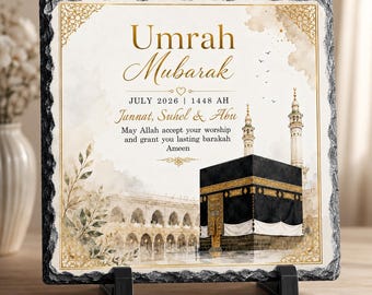 Personalised Umrah Mubarak Rock Slate | Umrah Return Gift | Islamic Keepsake Plaque | Muslim Gift | Kaabah Slate | Custom Umrah Gift