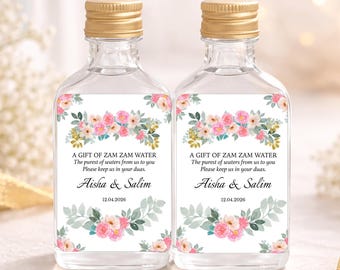 Pegatinas personalizadas de Zamzam - Regalo de boda islámico personalizado - Nombres de la pareja - Decoración única / Pegatinas para botellas de agua Zamzam con diseño floral rosa /
