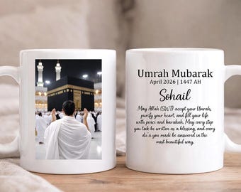 Taza personalizada Umrah Mubarak / Taza con foto personalizada / Regalo de Umrah con nombre y fecha / Regalo islámico / Taza de recuerdo de Hajj Umrah / Para ella / Para él
