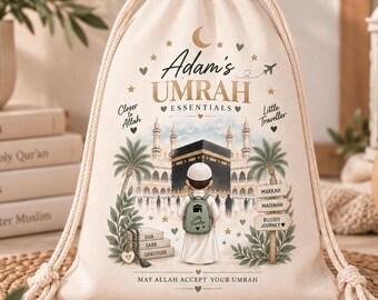 Personalised Children’s Umrah Drawstring Bag | Boys Umrah Essentials Bag | Muslim Travel Bag | Little Traveller Gift | Umrah Gift for Child