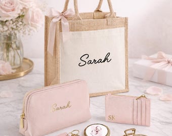 Set de regalo personalizado para ella: bolso de mano y neceser de maquillaje personalizados para mamá, esposa, cumpleaños o aniversario.